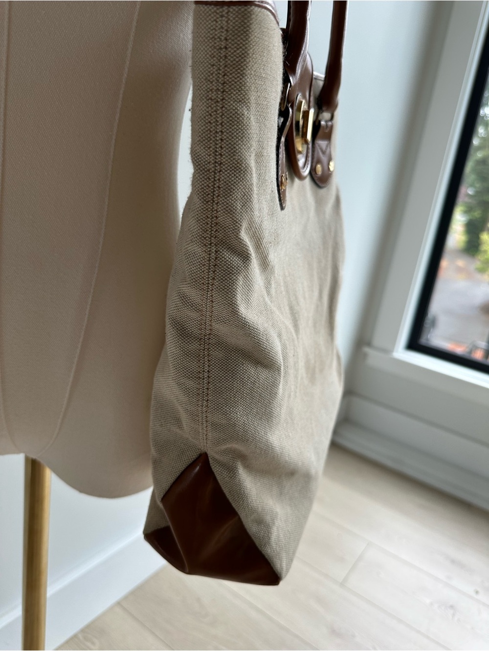 Isaac Mizrahi Beige Canvas Tote with Brown Faux Leather Trim - Picture 5 of 12